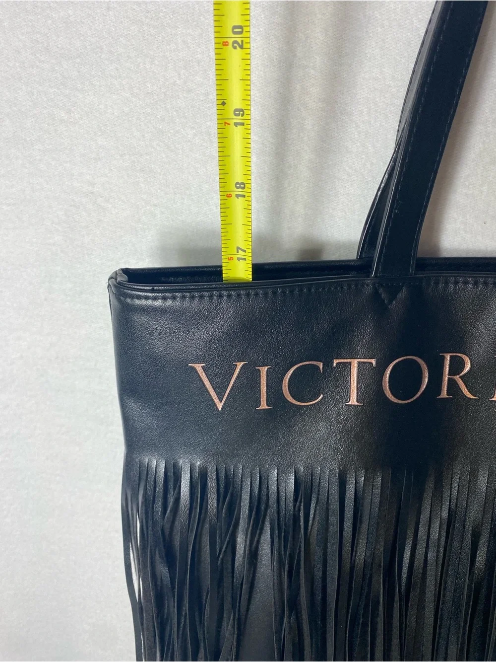 Victoria’s Secret Large Black Fringe Weekender Tote  Bag Faux Leather 16x16x4”